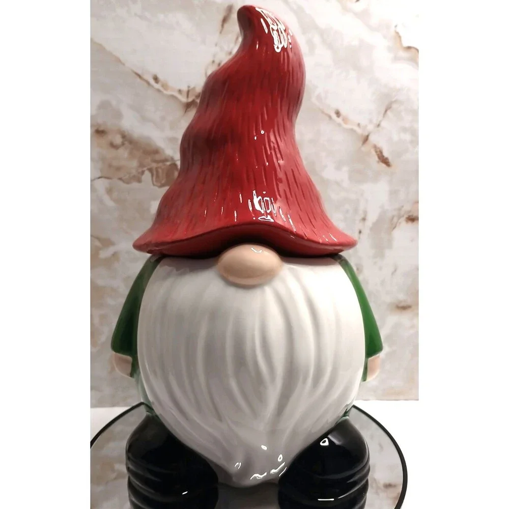 2014 Gnome Christmas Cookie Jar Ceramic Red Hat Sleigh Bell Bistro 10